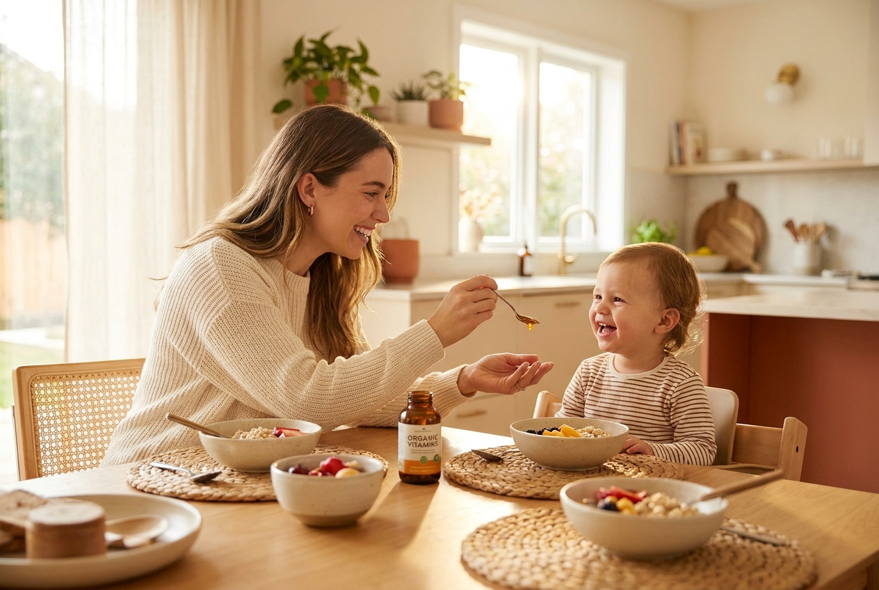 A parent giving a happy child a spoonful of DocVites organic liquid multivitamin at a sunlit breakfast table