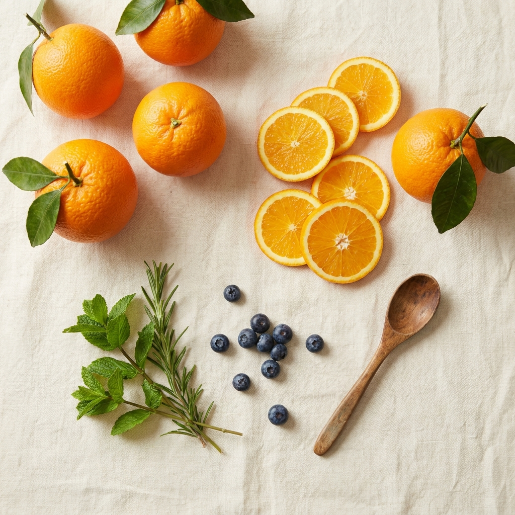 Fresh organic ingredients: oranges, berries and herbs on a cream linen background